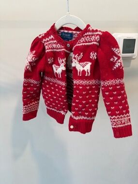 Polo Ralph Lauren Toddler GirlRed & White Reindeer Knit Cardigan Sweater